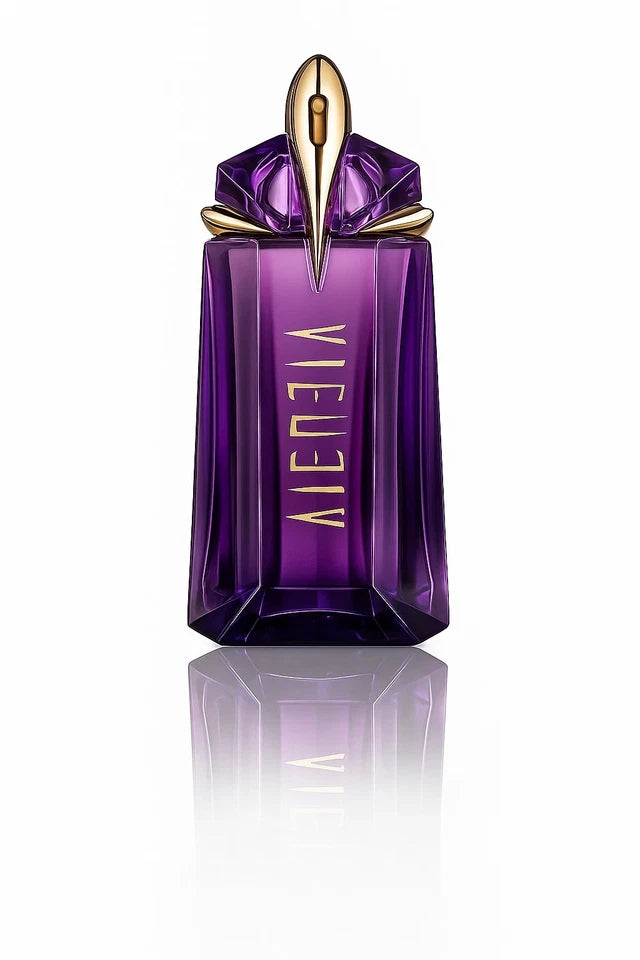 Mugler Alien perfume bottle and packaging on a white background