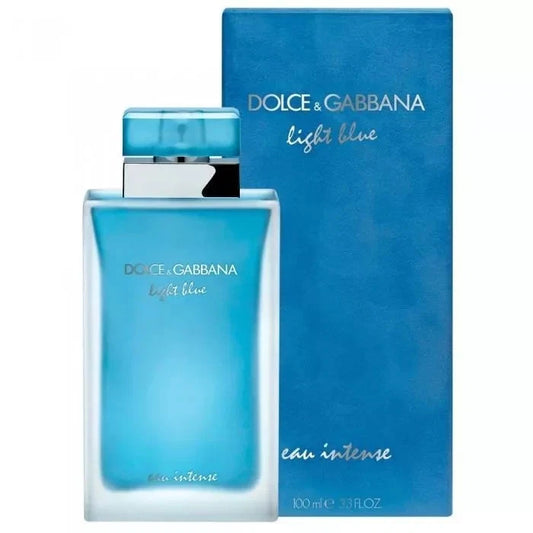Dolce & Gabbana Light Blue Eau Intense perfume bottle and packaging on a white background